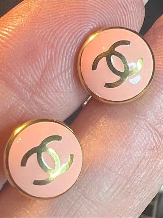 None Jewelry - Pink Enamel C Logo Round Stud Earrings with Gold Trim